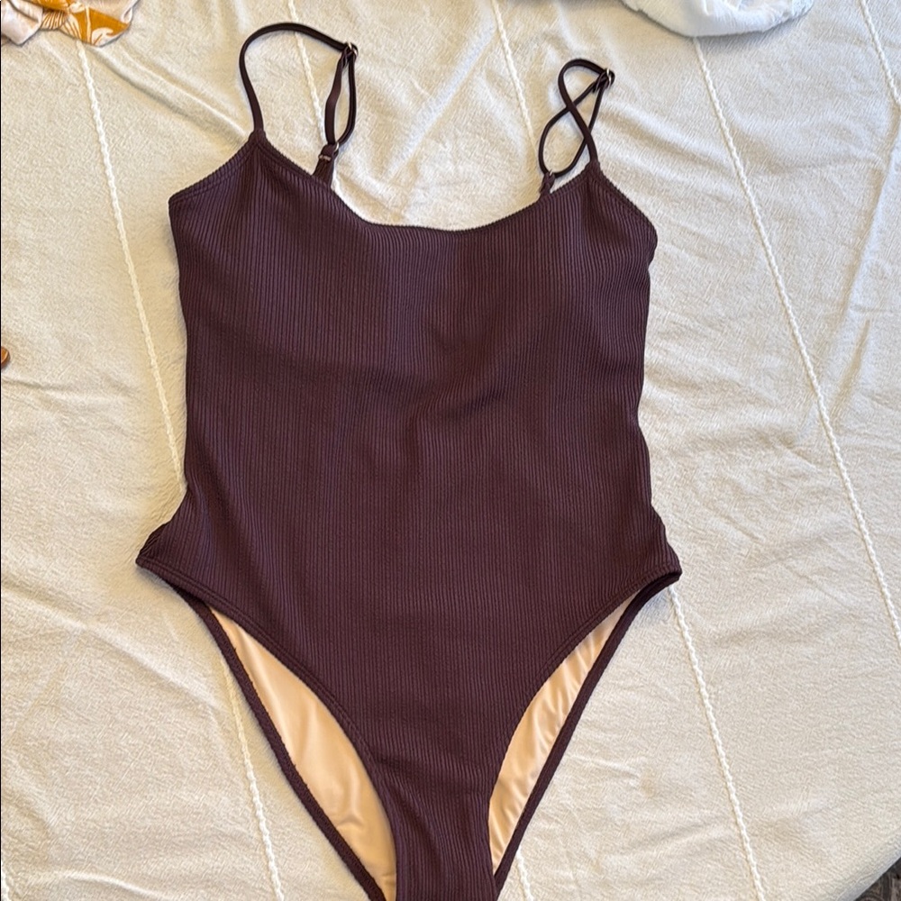 Brown Ribbed One-Piece Swimsuit